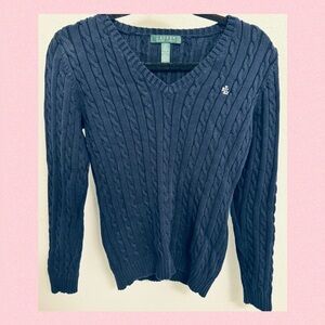 Ralph Lauren Dark Blue V-Neck Cable Sweater